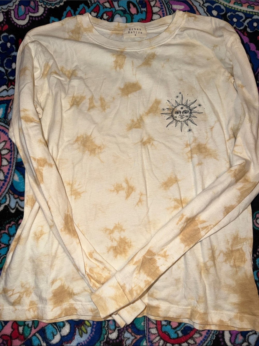 Free People Long Sleeve Tie-Dye Tee in Cream & Brown with Sun Graphic
